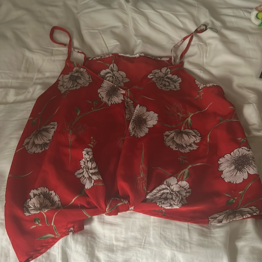 Red floral tank top with tie waist detail